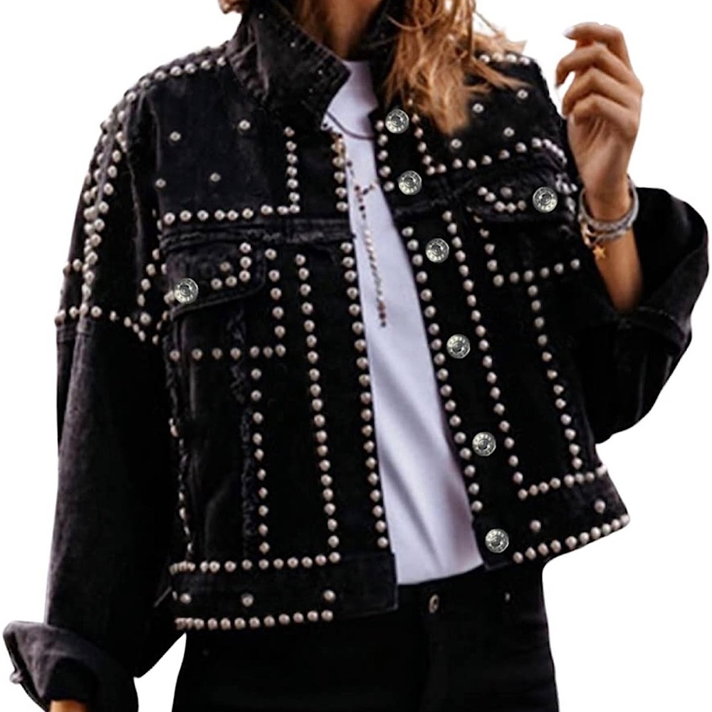 Oversized bedazzled black denim jacket